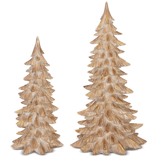 2 sizes of golden trees set next to each other on a white background.