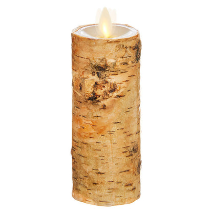 moving flame birch wrapped pillar candle in ivory displayed against a white background