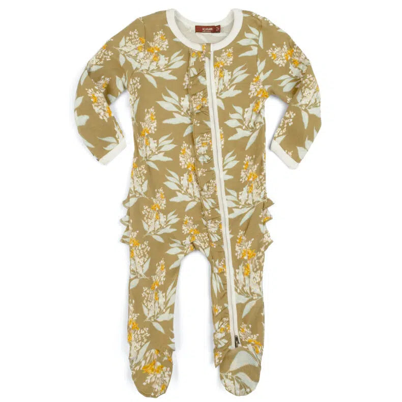 golden floral footed ruffle romper on a white background.