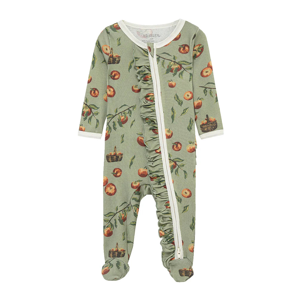 light green Apple Orchard romper with all-over apple design