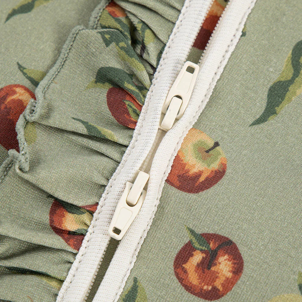 close-up of two way zipper on Apple Orchard romper