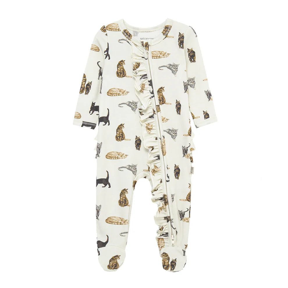 of-white romper with all-over cat design