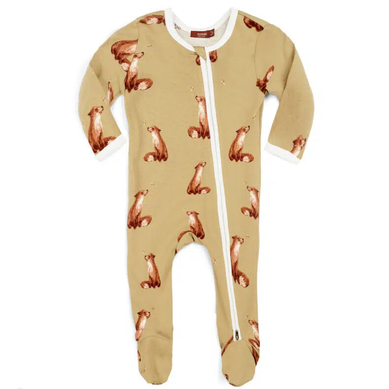 golden fox footed romper on a white background.