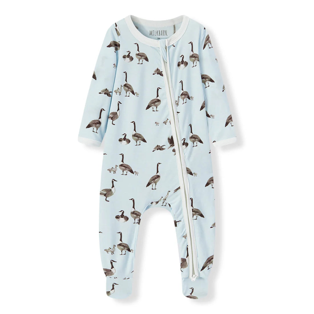 light blue footed romper with all-over goose pattern