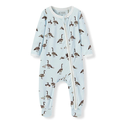 light blue footed romper with all-over goose pattern