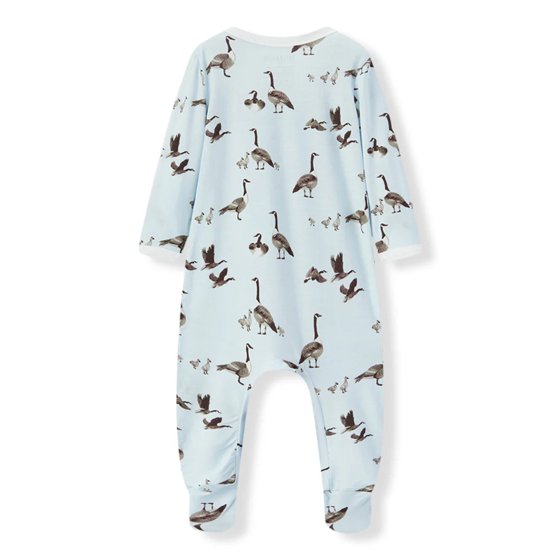 back view of light blue footed romper with all-over goose pattern