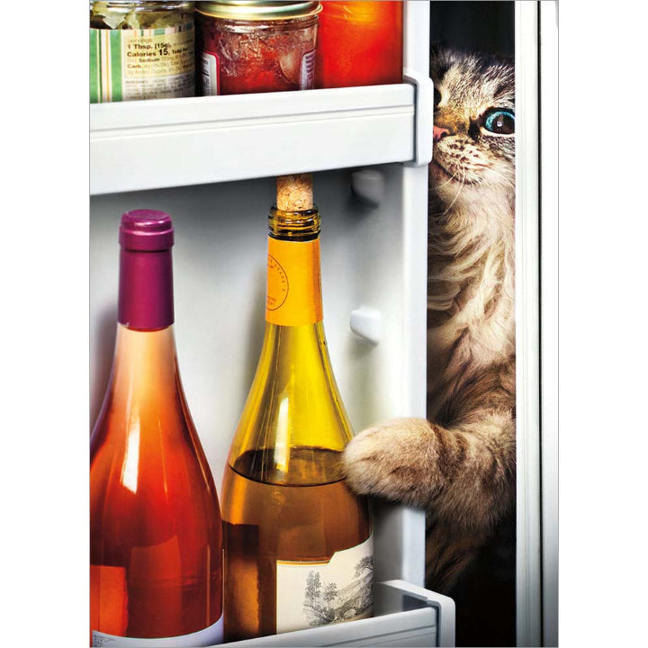front of card is a cat reaching inside a refrigerator for a wine bottle