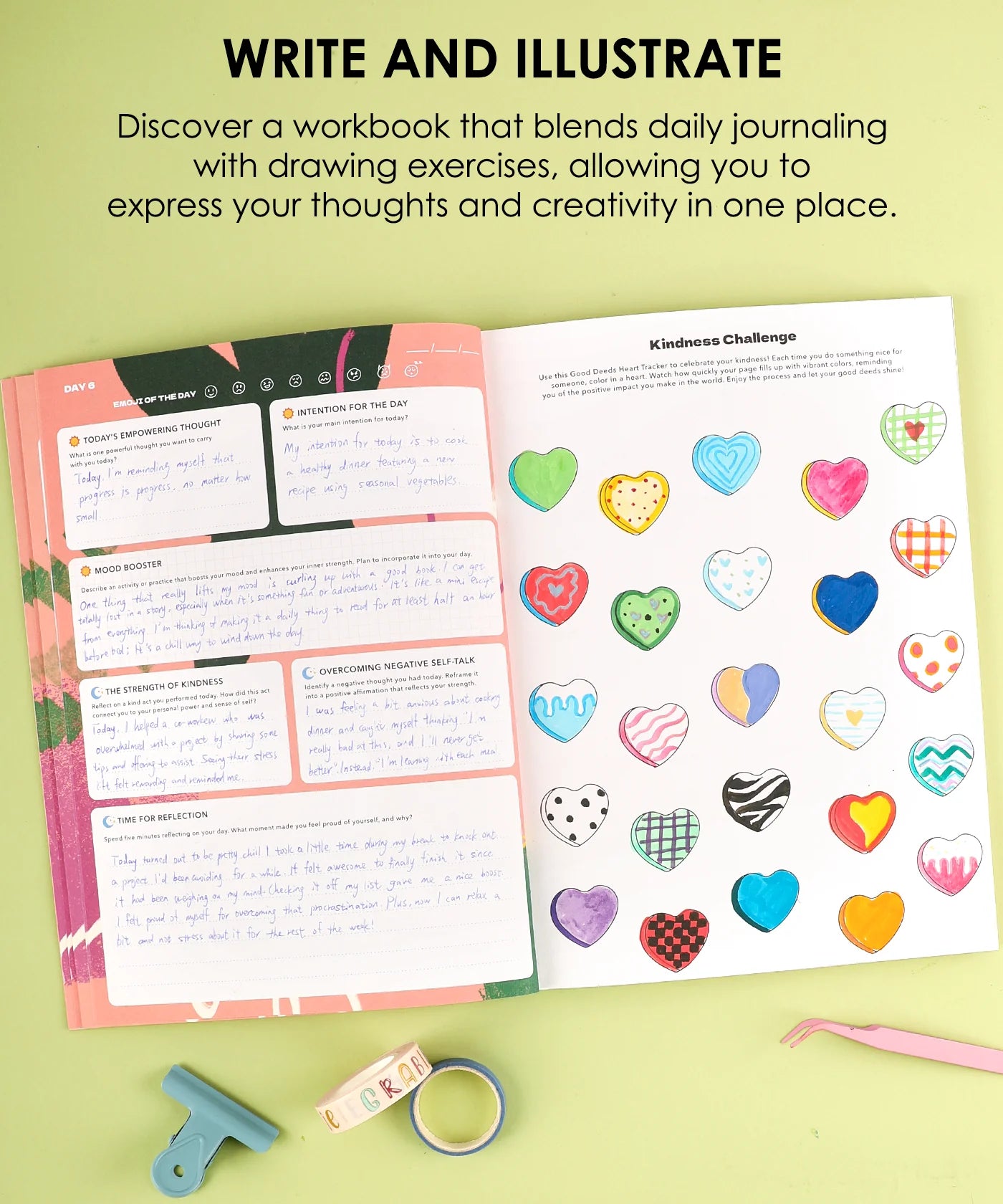 Workbook with daily journaling and drawing exercises on a green background