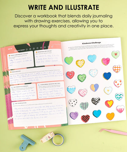 Workbook with daily journaling and drawing exercises on a green background
