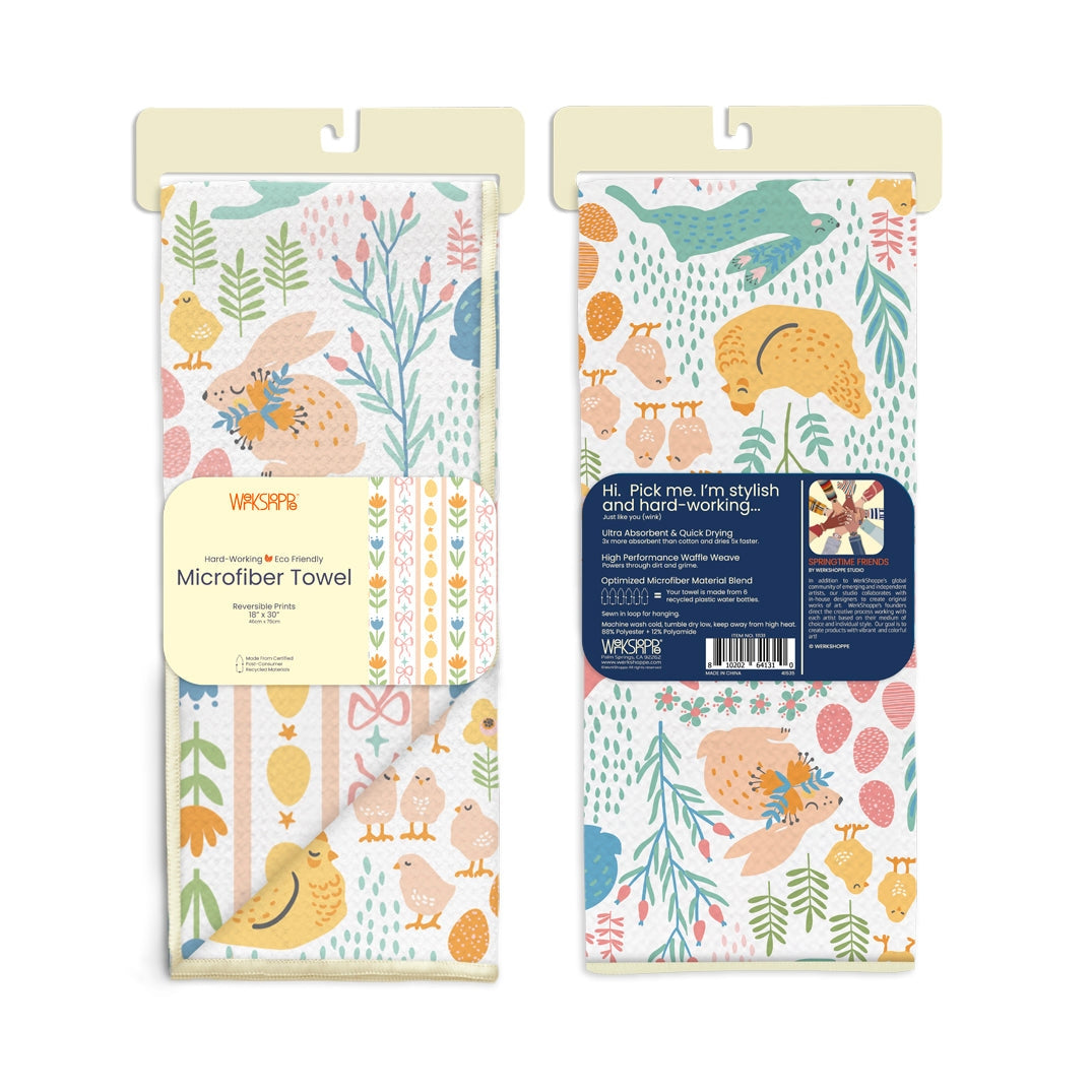 springtime friends microfiber dishtowel in its packaging