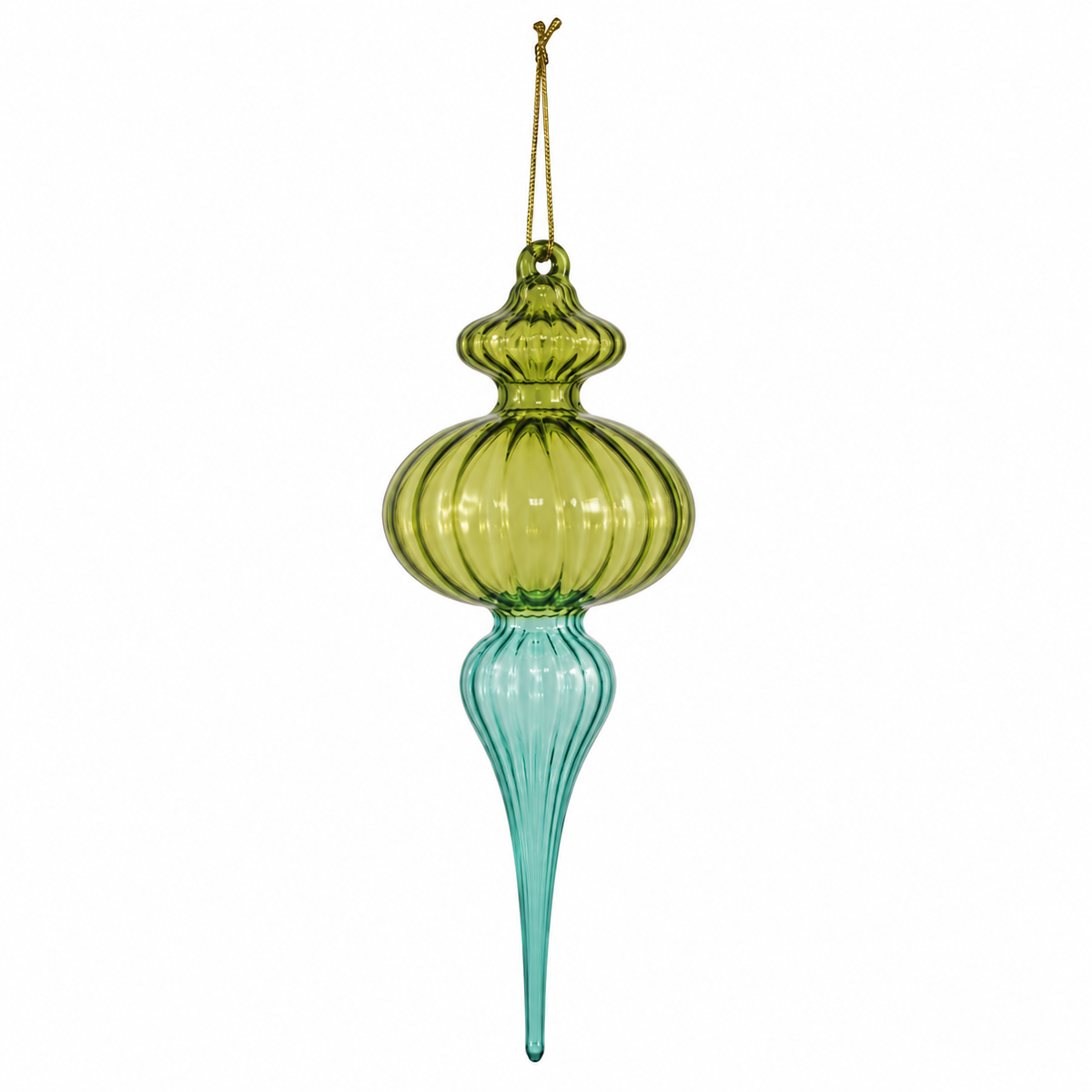 A ribbed glass finial Christmas ornament in a gradient of blue to green, featuring a hanging loop at the top, shown against a plain white background.