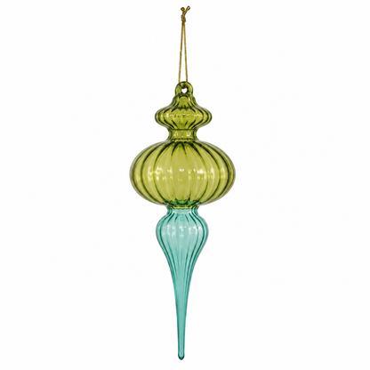 A ribbed glass finial Christmas ornament in a gradient of blue to green, featuring a hanging loop at the top, shown against a plain white background.