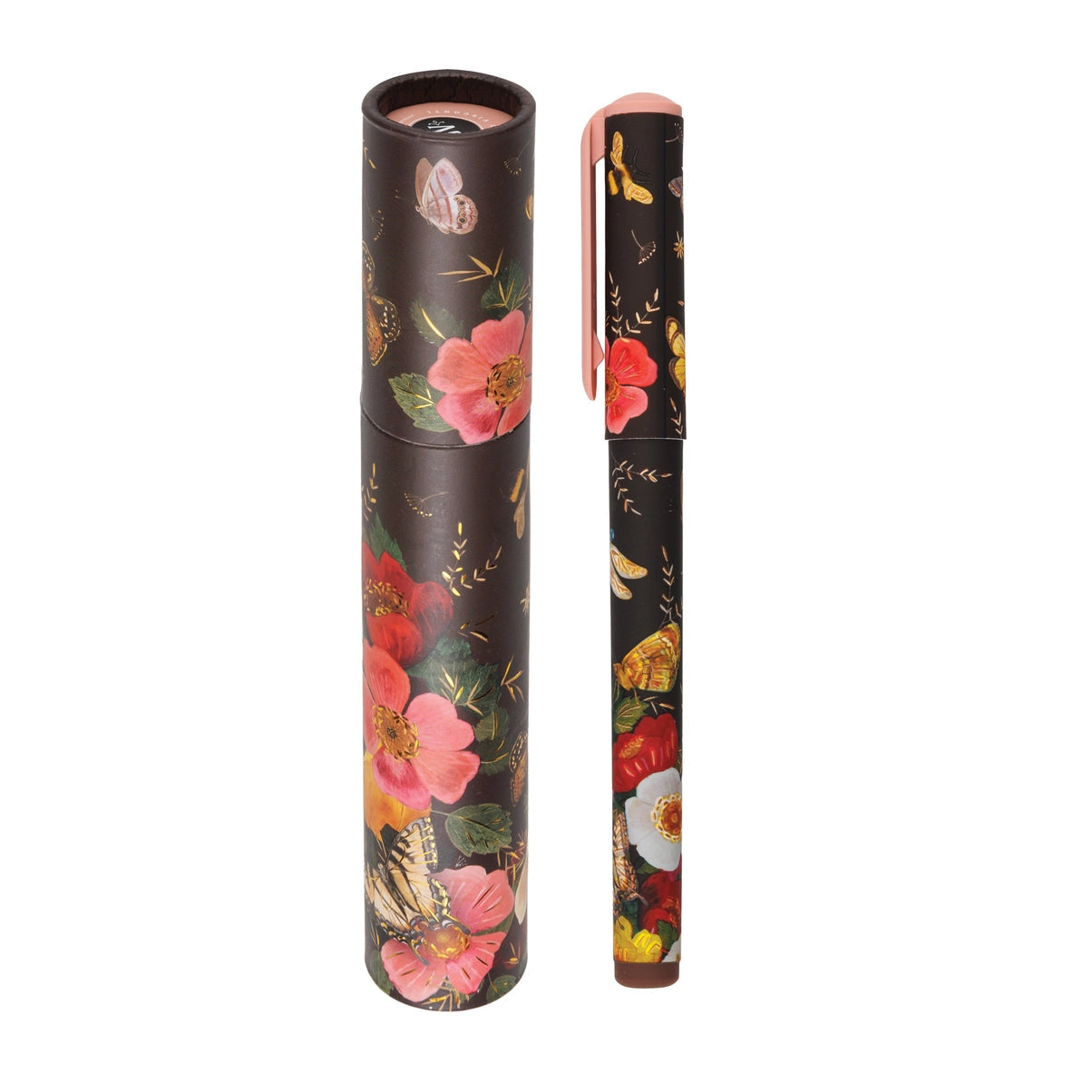 A custom-designed fountain pen and its matching cylindrical case featuring a dark brown background with a vibrant floral and butterfly pattern in pink, red, yellow, and white.