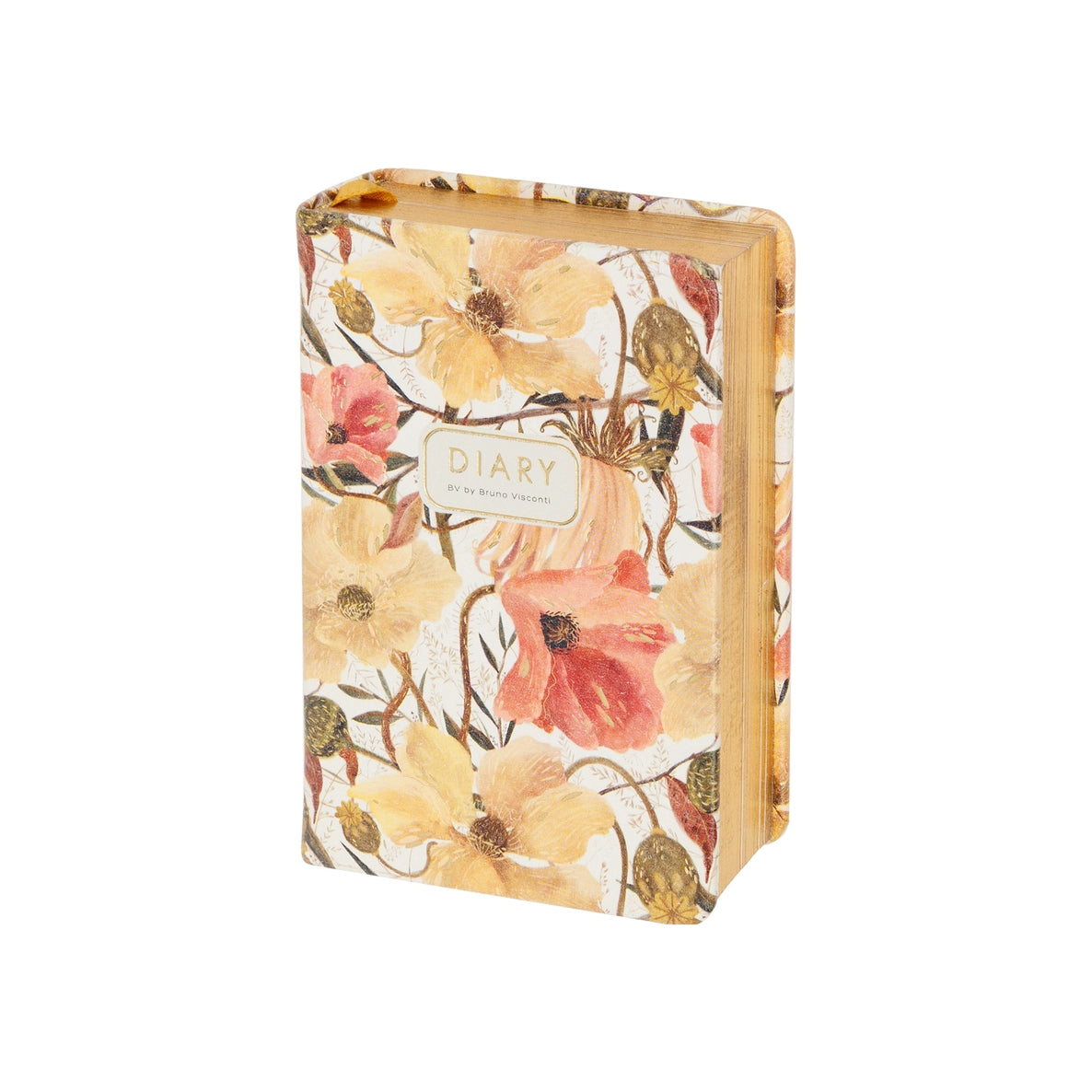 small notebook with pale coral colored floral design and gold page edges