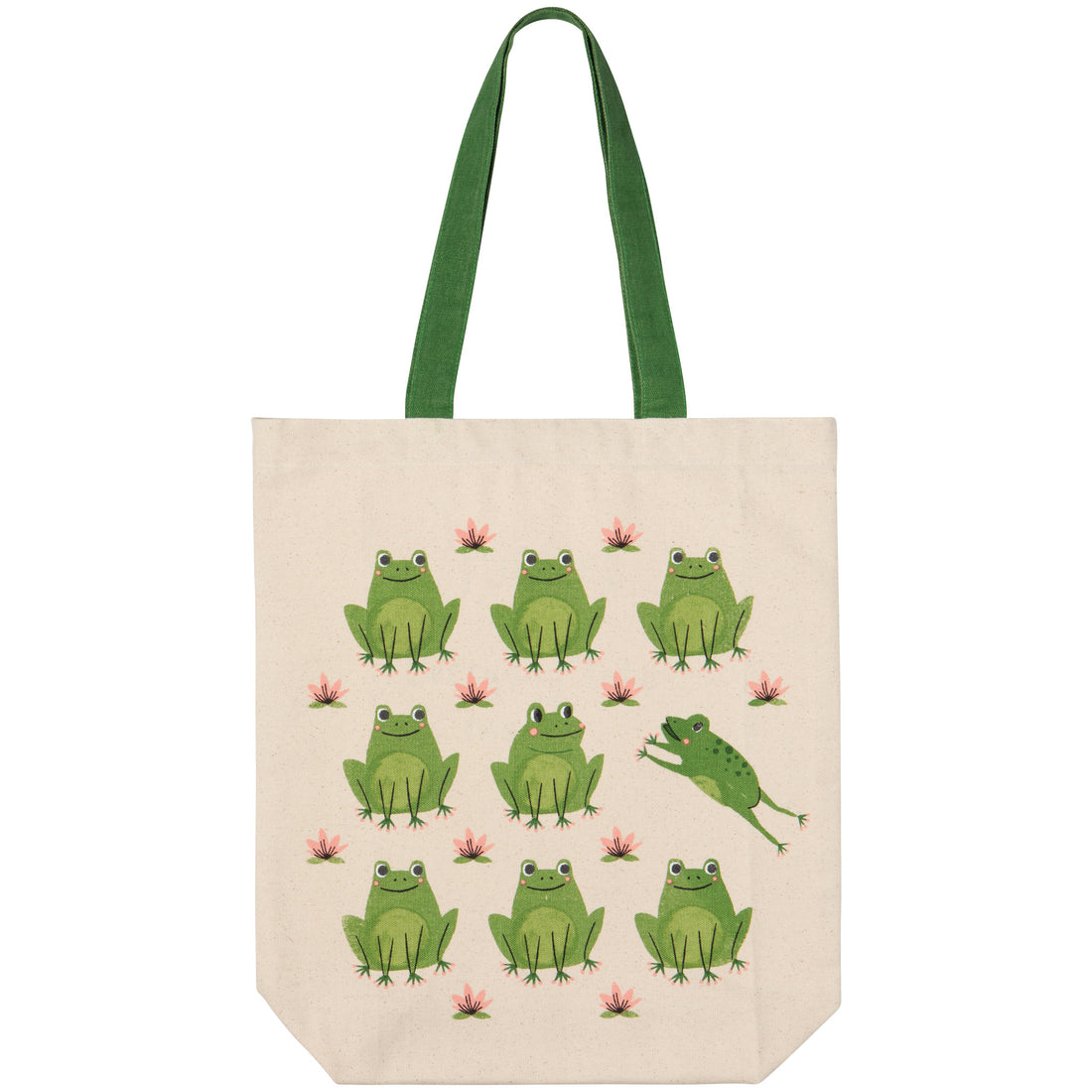 tan tote with green handles and 9 different green frogs printed on it