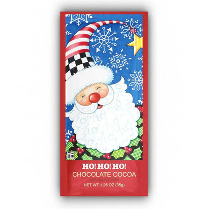 ho ho ho chocolate cocoa packet is red with snowflakes and santa on the front