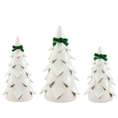 all three sizes of christmas tree with green bow sitters displayed against a white background