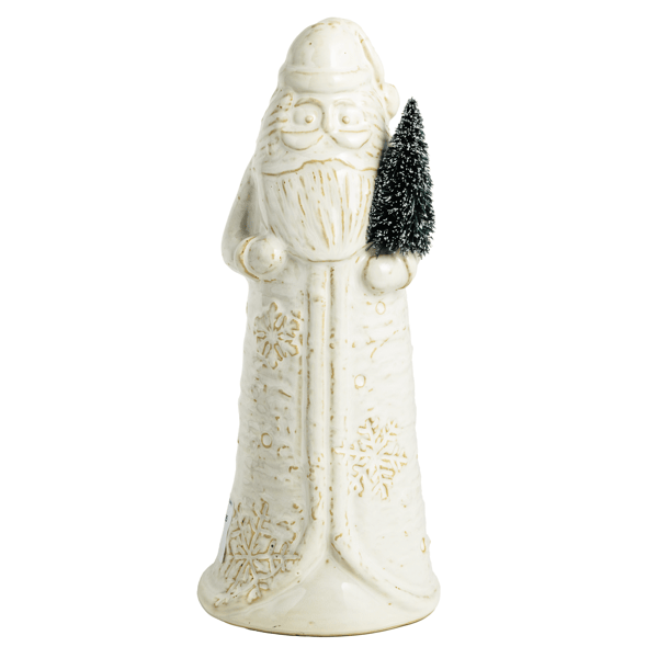 larger off-white ceramic Santa Claus figurine holding a small artificial Christmas tree, set against a plain white background.