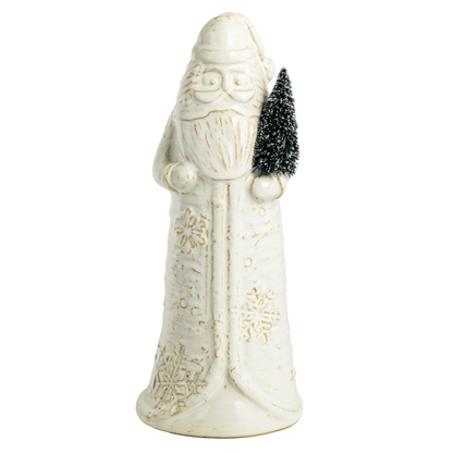 larger off-white ceramic Santa Claus figurine holding a small artificial Christmas tree, set against a plain white background.