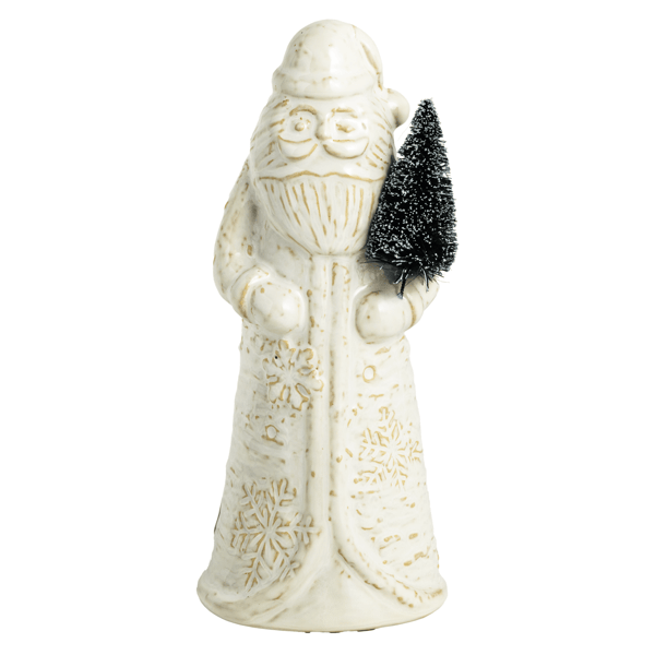 smaller off-white ceramic Santa Claus figurine holding a small artificial Christmas tree, set against a plain white background.
