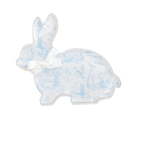 acrylic bunny with blue toile pattern in a sitting position