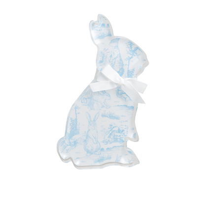 acrylic bunny with blue toile pattern in a standing up position