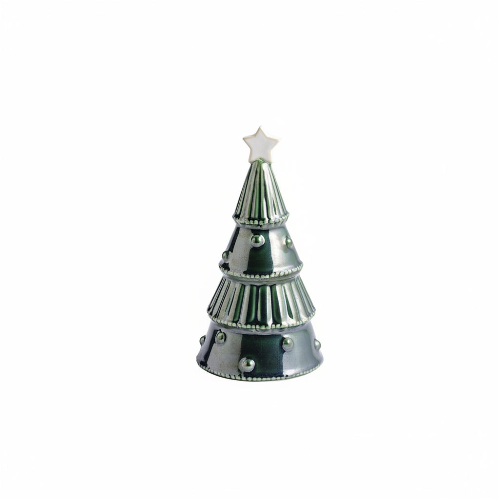 small green tree with star on top and tiered design of dots and vertical stripes shown on a white background