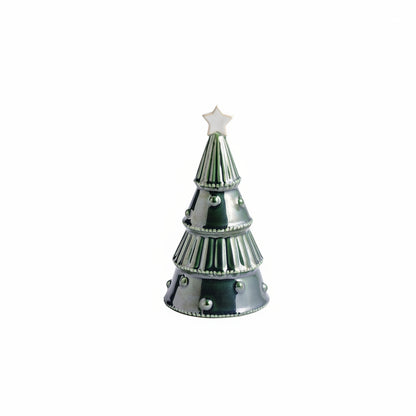 small green tree with star on top and tiered design of dots and vertical stripes shown on a white background