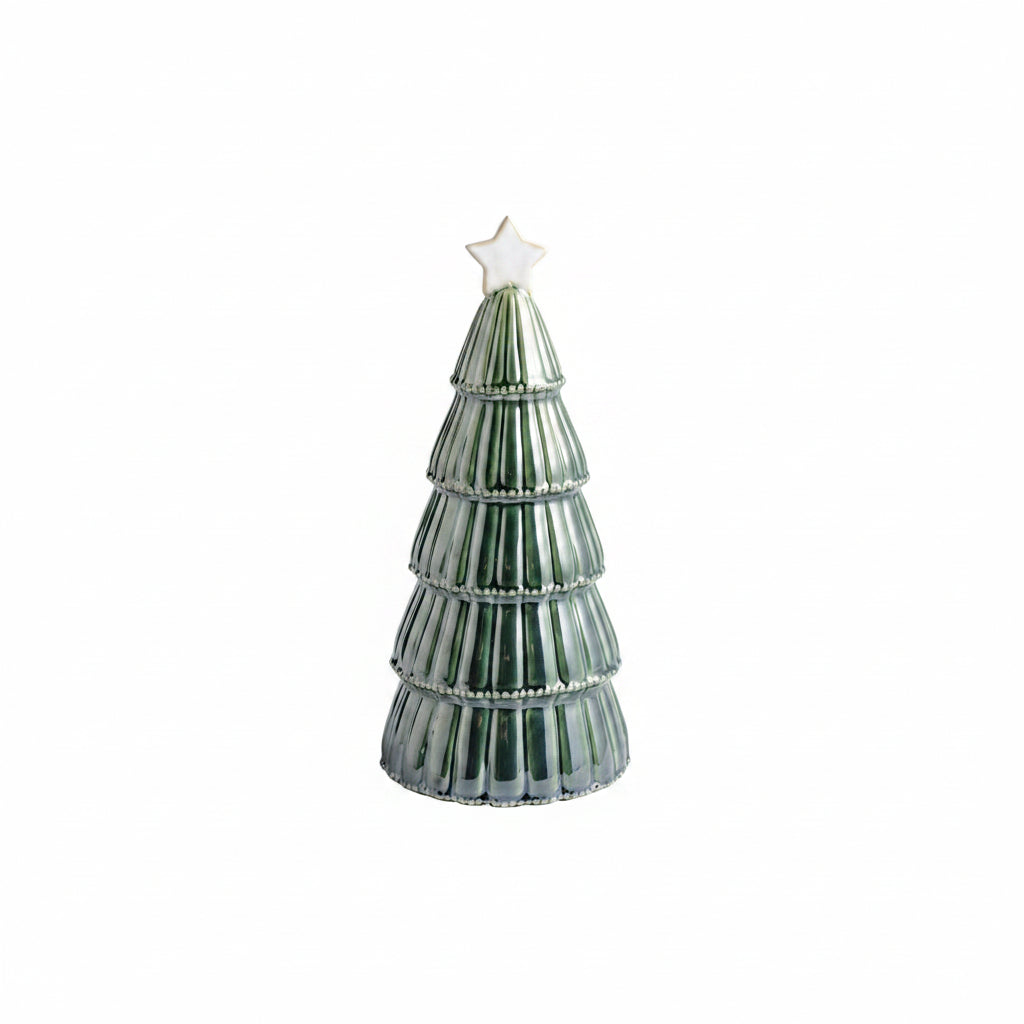 large ceramic tree with tiered vertical striped shown on a white background