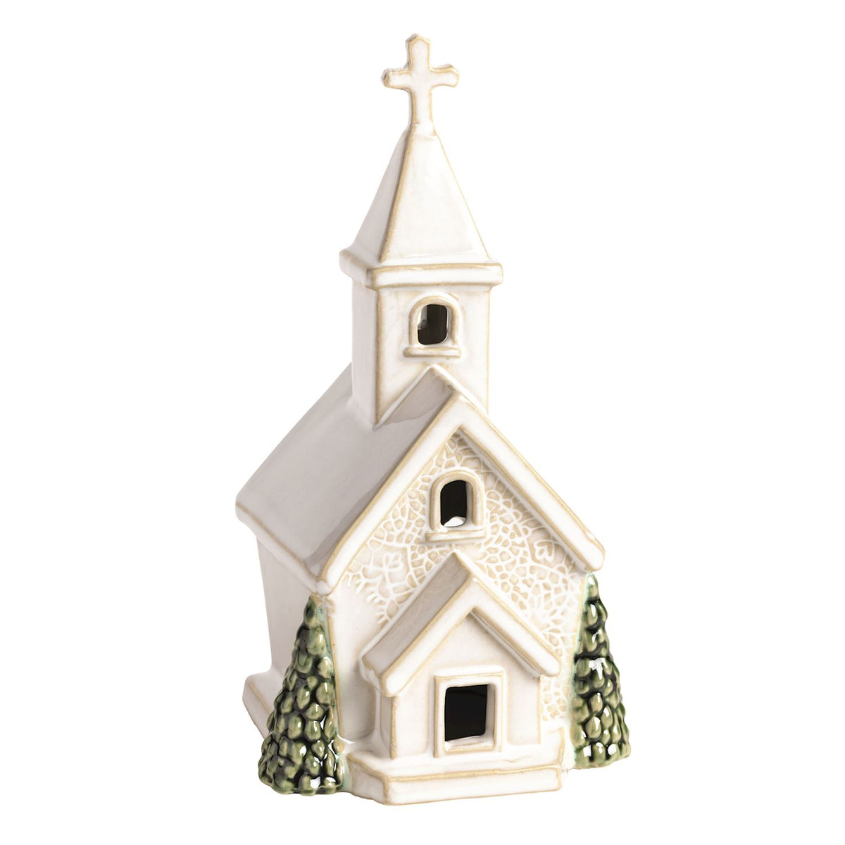 small white ceramic church with pressed lace details, 2 green trees on the side and a tall narrow steeple with cross on top