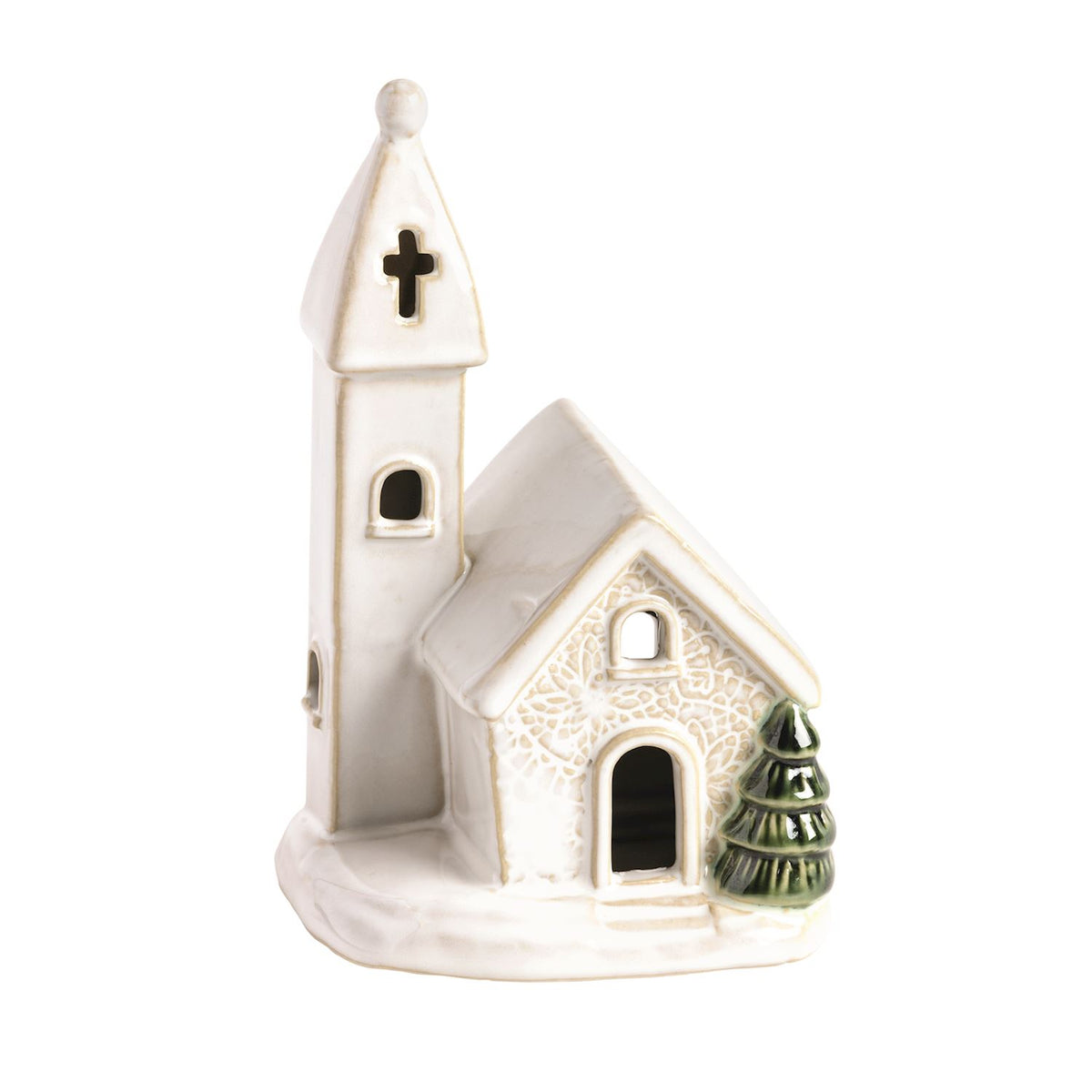 small white ceramic church with pressed lace details, green tree next to the door, and a tall steeple next to it
