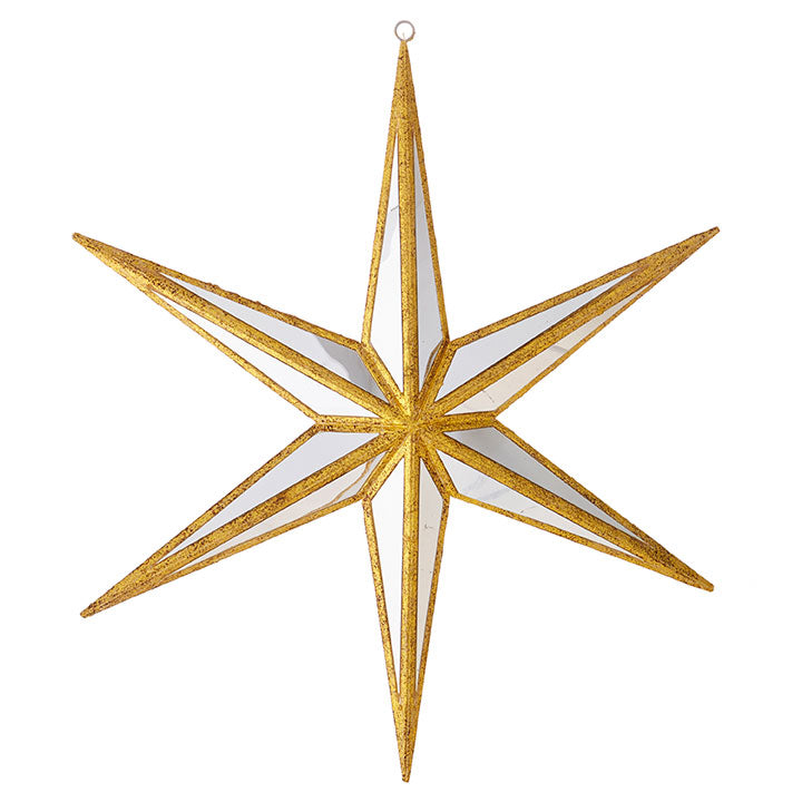 large mirrored star ornament with gold trim.