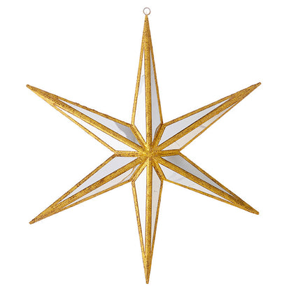 large mirrored star ornament with gold trim.