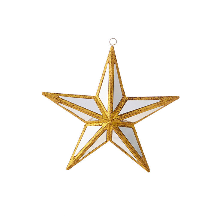 small mirrored star ornament with gold trim.