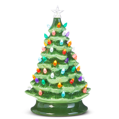 green ceramic tree with colorful lights and a star on top.