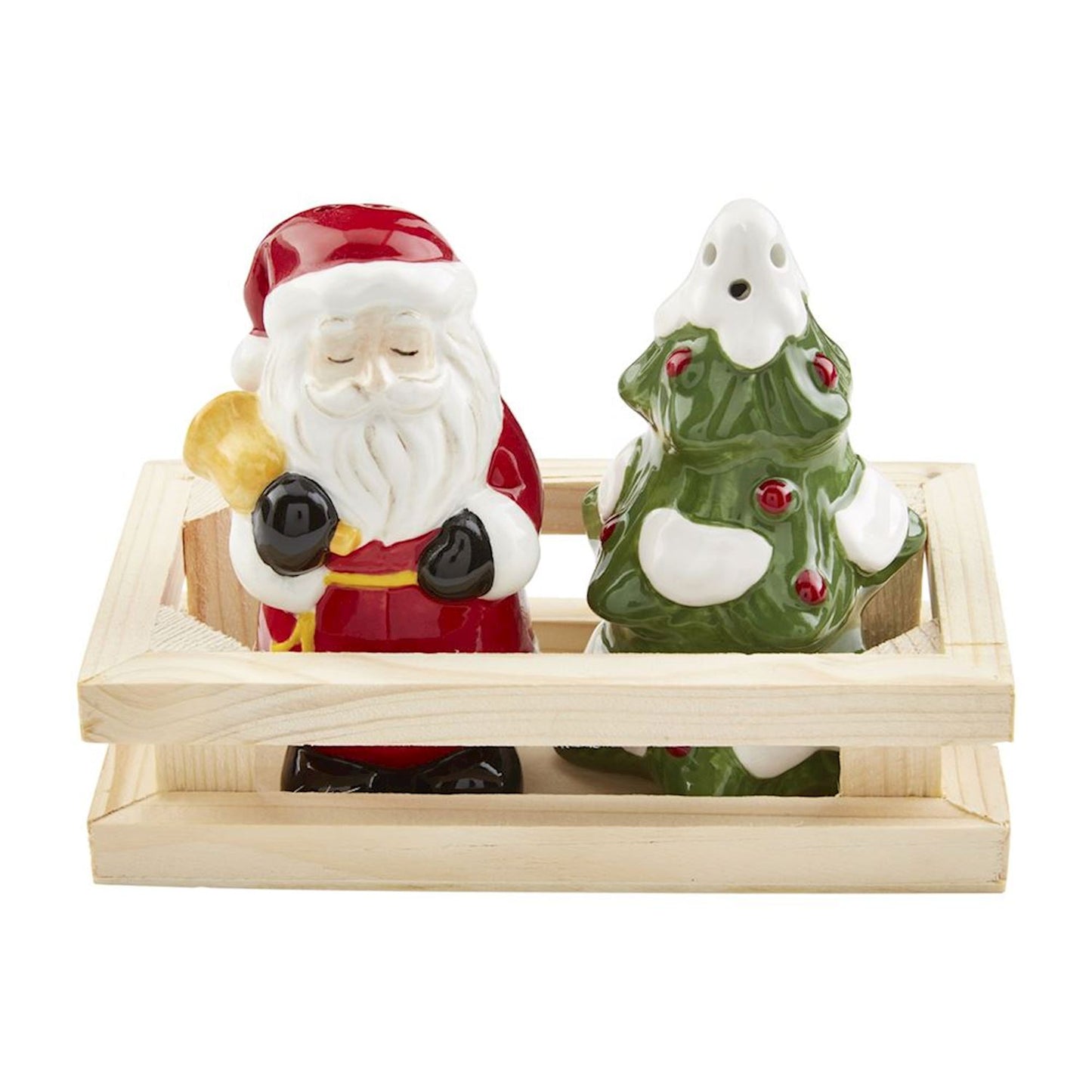 a santa shaped shaker and a tree shaped shaker set in a wooden crate.