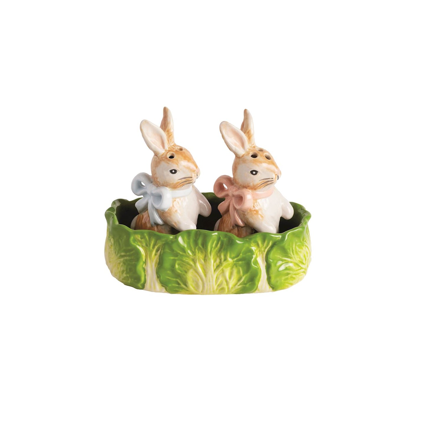 brown bunny shaped salt and pepper shakers set in a cabbage dish