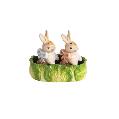 brown bunny shaped salt and pepper shakers set in a cabbage dish