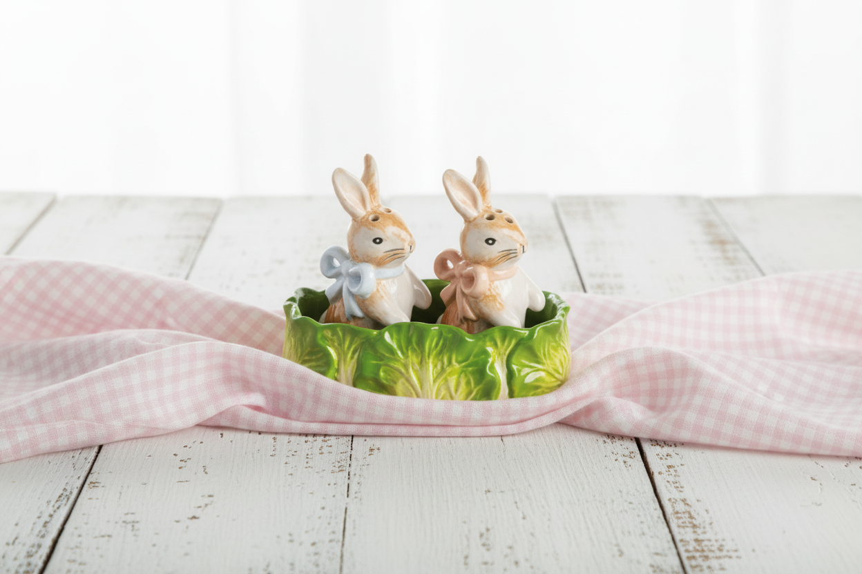 Two rabbit-shaped salt and pepper shakers in a cabbage-shaped holder on a white table with pink gingham cloth