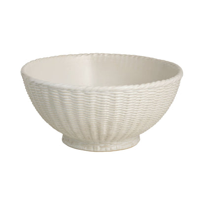 ceramic bowl with woven pattern shown on a white background