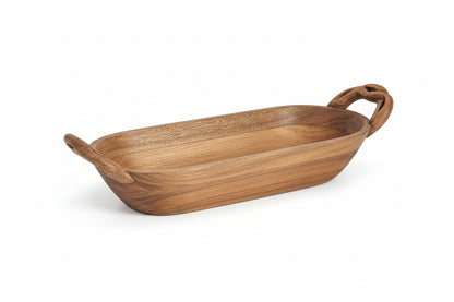 small wood bowl with twisted handles shown on a white background