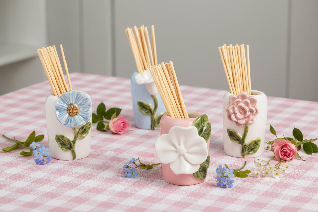 ceramic vessels with floral designs filled with toothpicks set on a pink gingham cloth with flowers scattered about