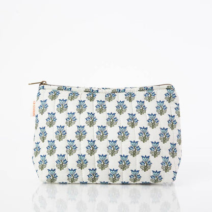 front view of white zipper bag with aqua floral block print design