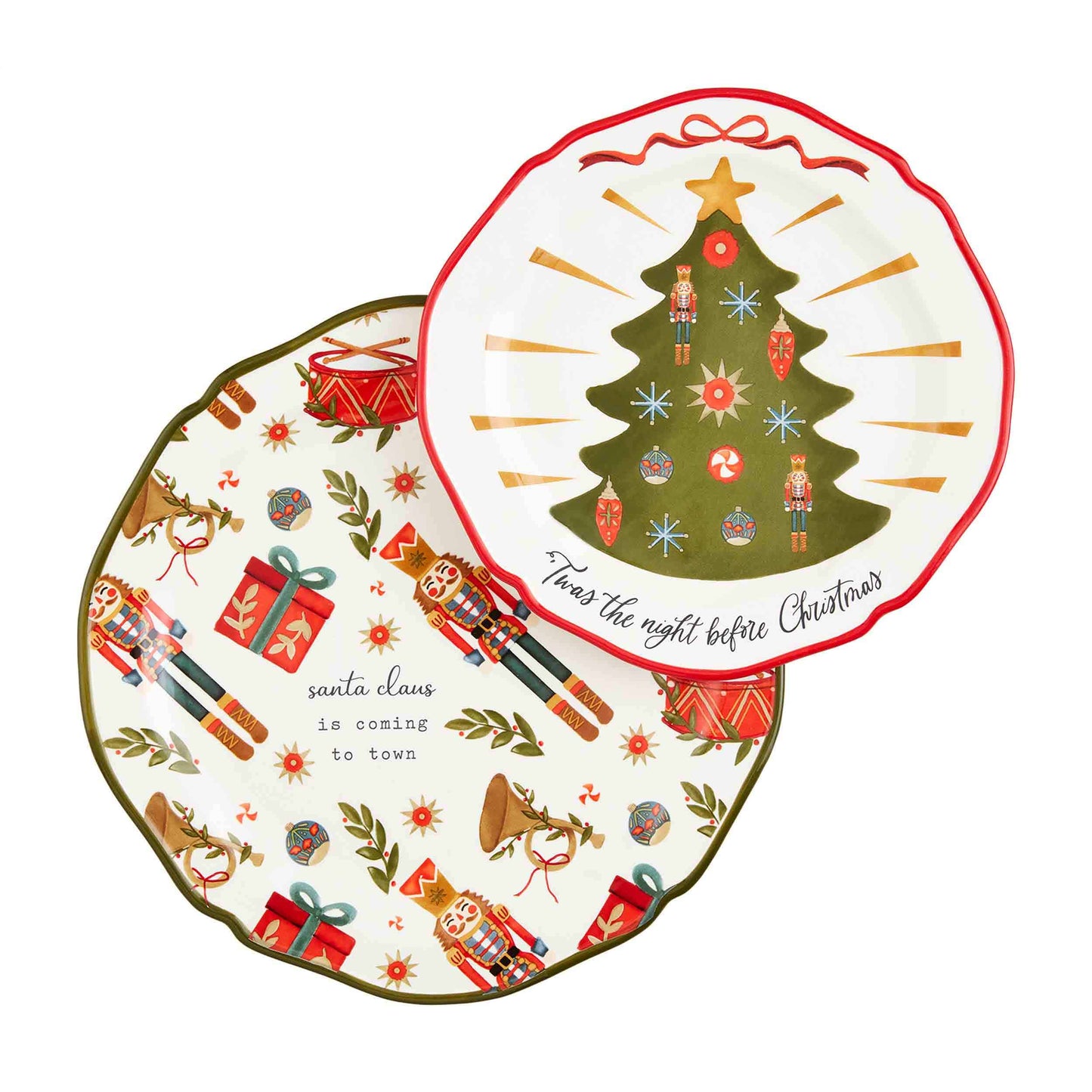 both styles of christmas platters on a white background.