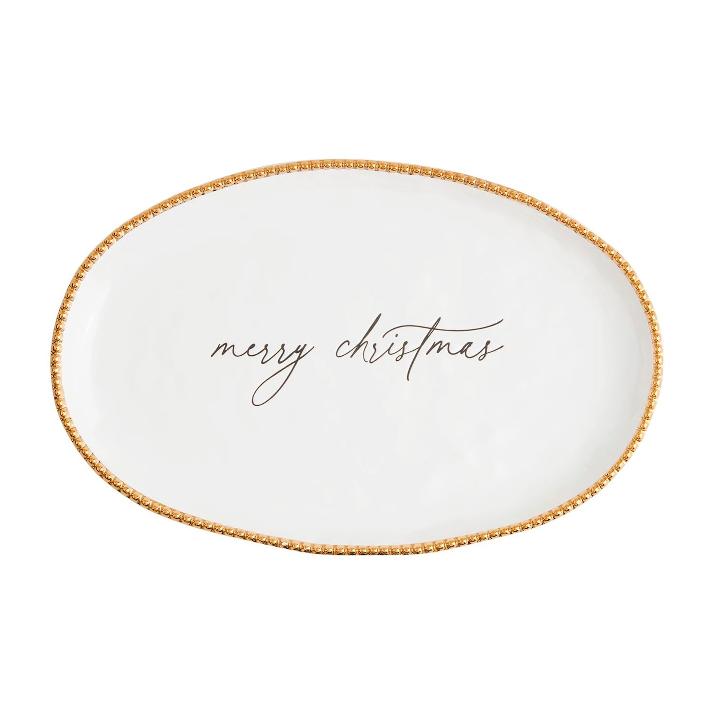 white oval platter with gold rim and "merry christmas" printed in black in the center.