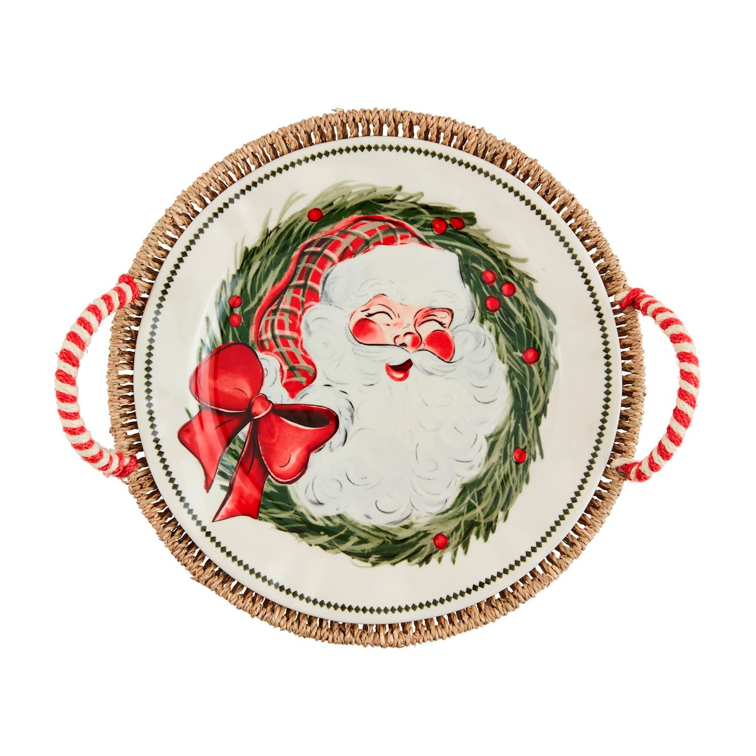 santa platter in a seagrass basket shown on a white background.