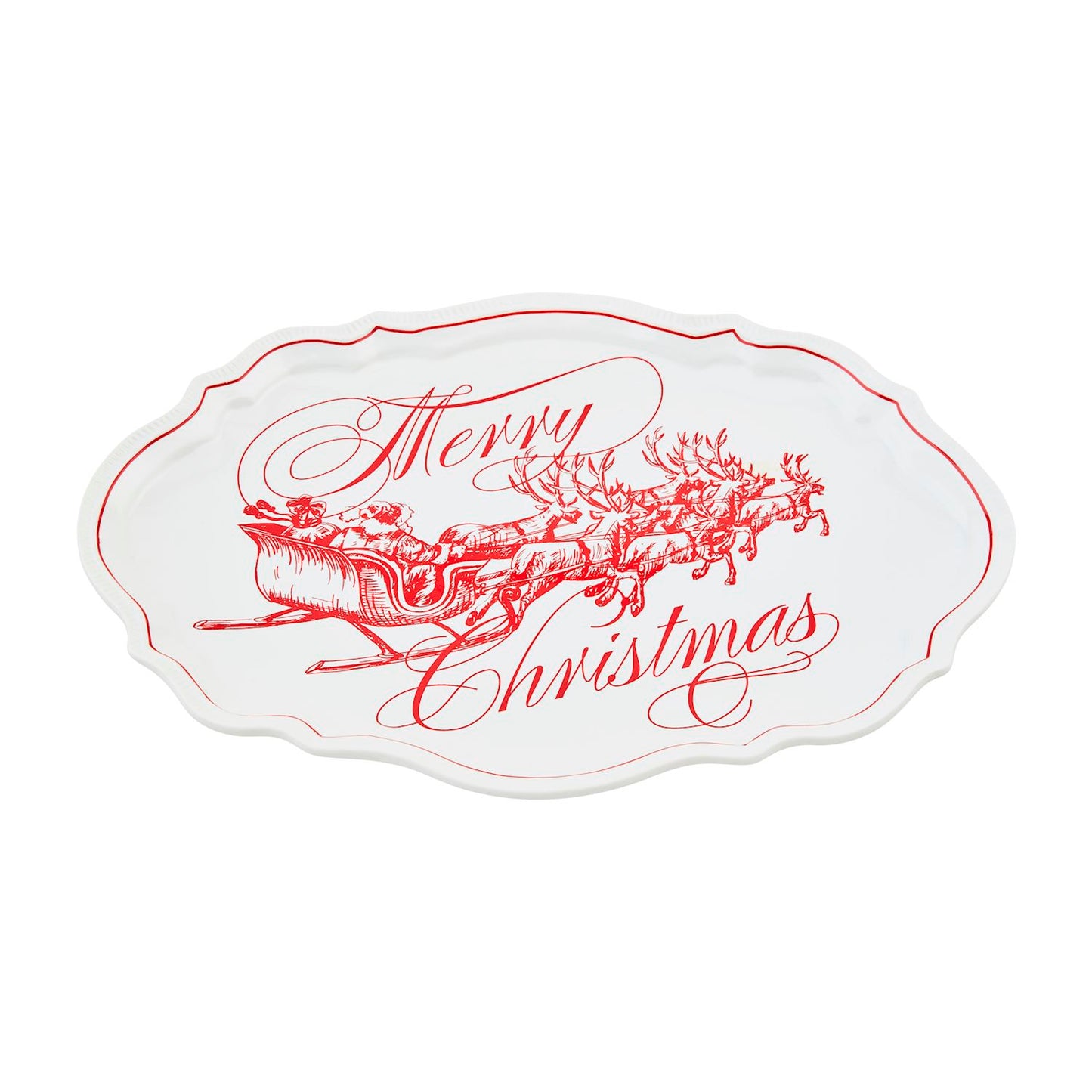 white platter with red "merry christmas" and image of santa in sleigh pulled by reindeer in the center.