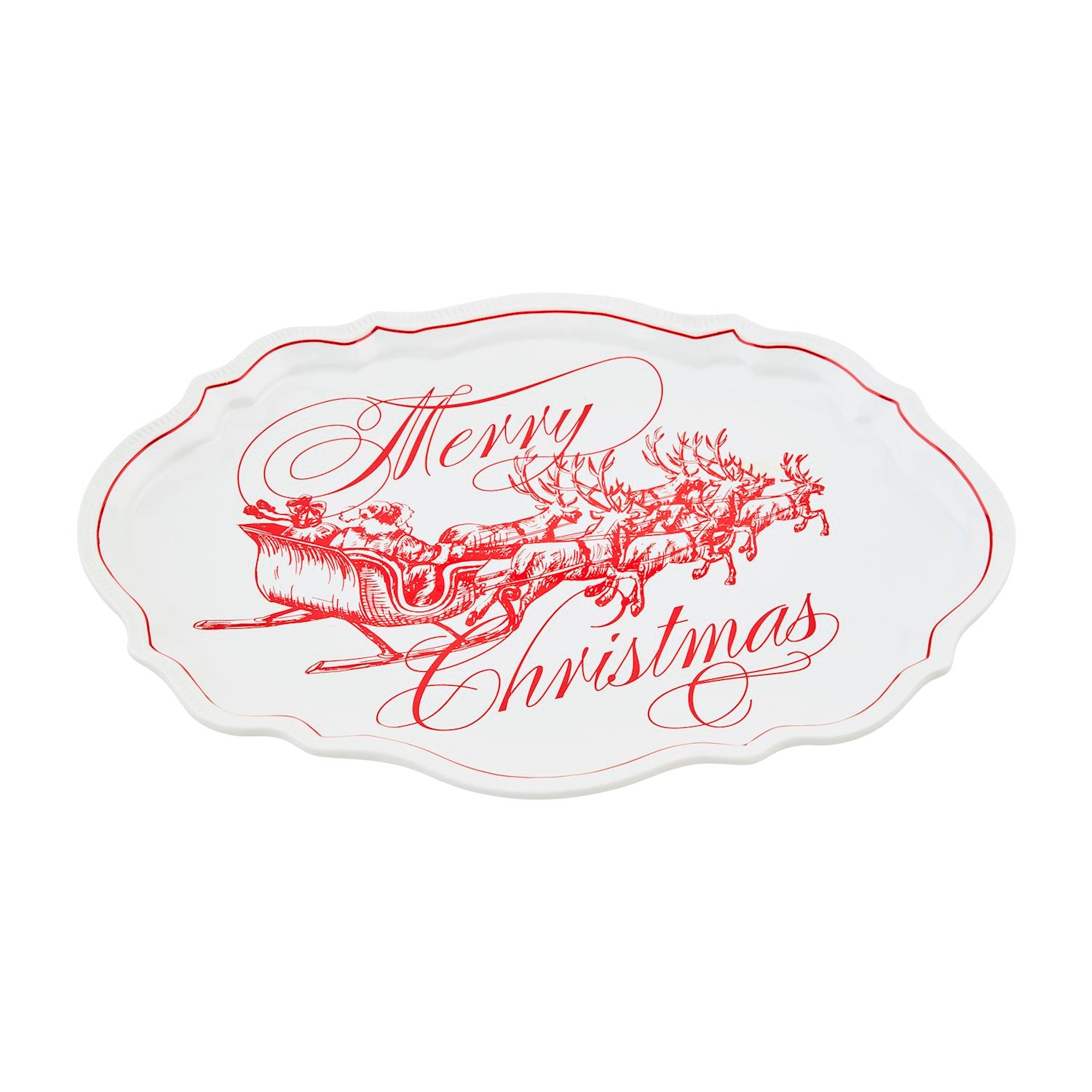 white platter with red "merry christmas" and image of santa in sleigh pulled by reindeer in the center.