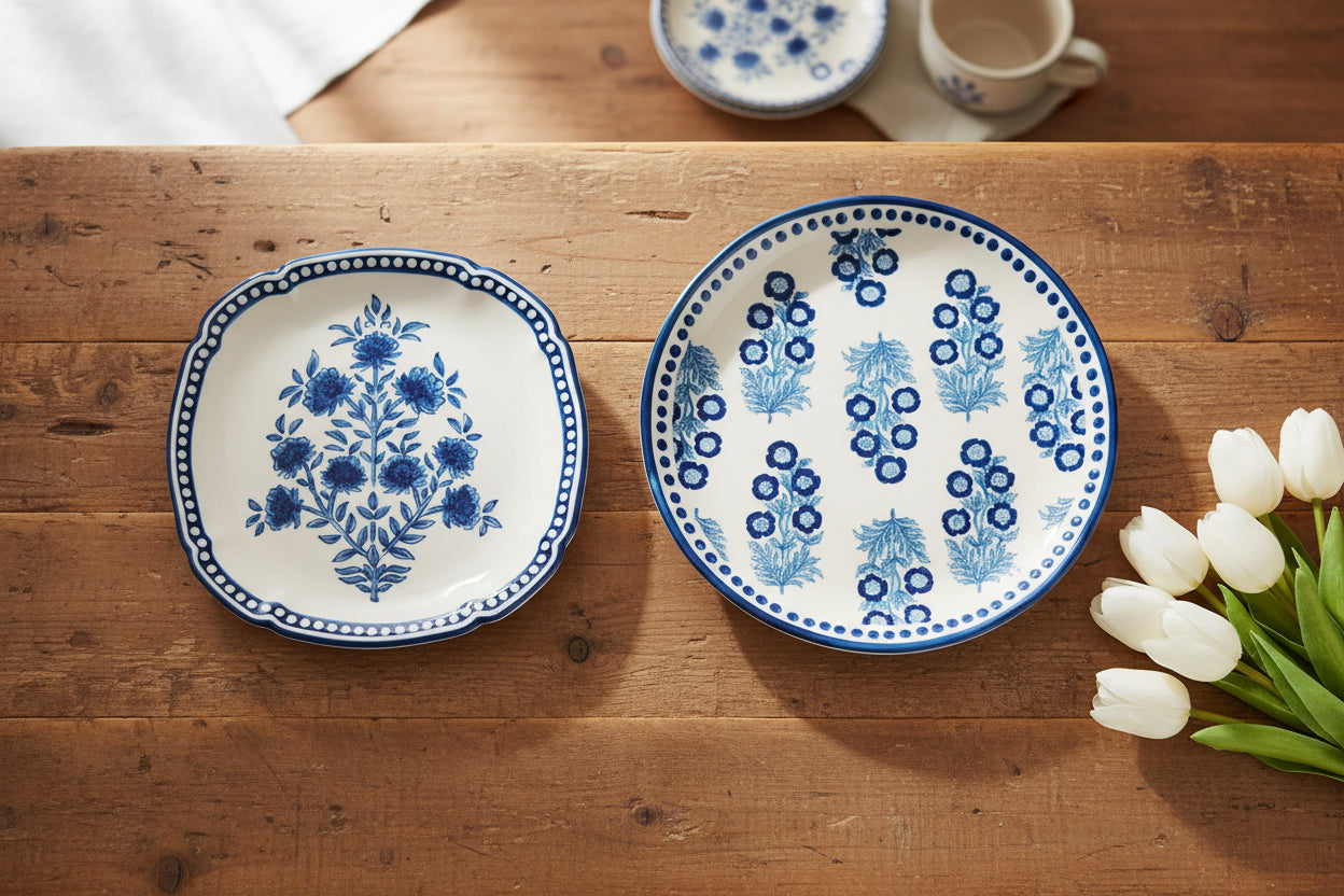 Two ceramic platters with blue floral patterns on a wooden table with white tulips