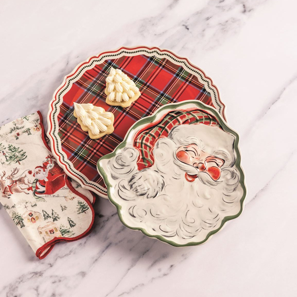 tartan platter and santa platter on marble